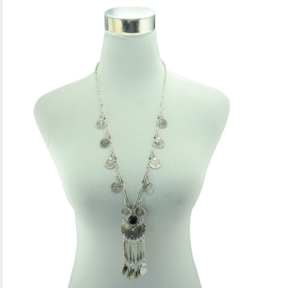 Coin Tassel Aged Silver Pendant Necklace - Picture 3 of 8